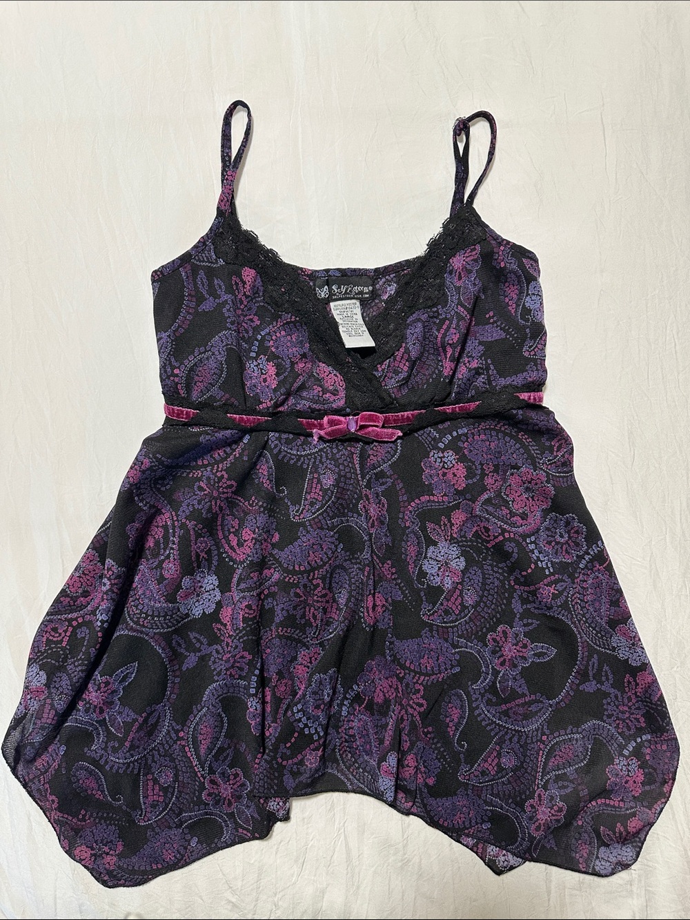 Vintage Self Esteem Black Tank with Purple Paisley and Velvet Waiste